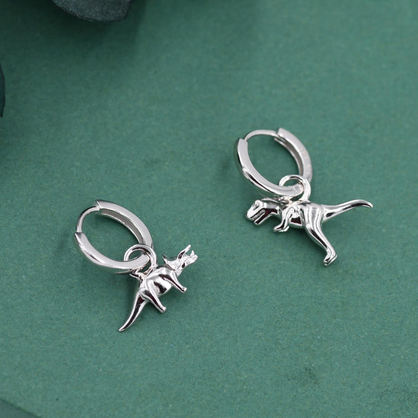 Sterling Silver Mismatched T-Rex and Triceratops Hoop Earrings – Dinosaur Jewellery for Prehistoric Lovers, with Detachable Charms