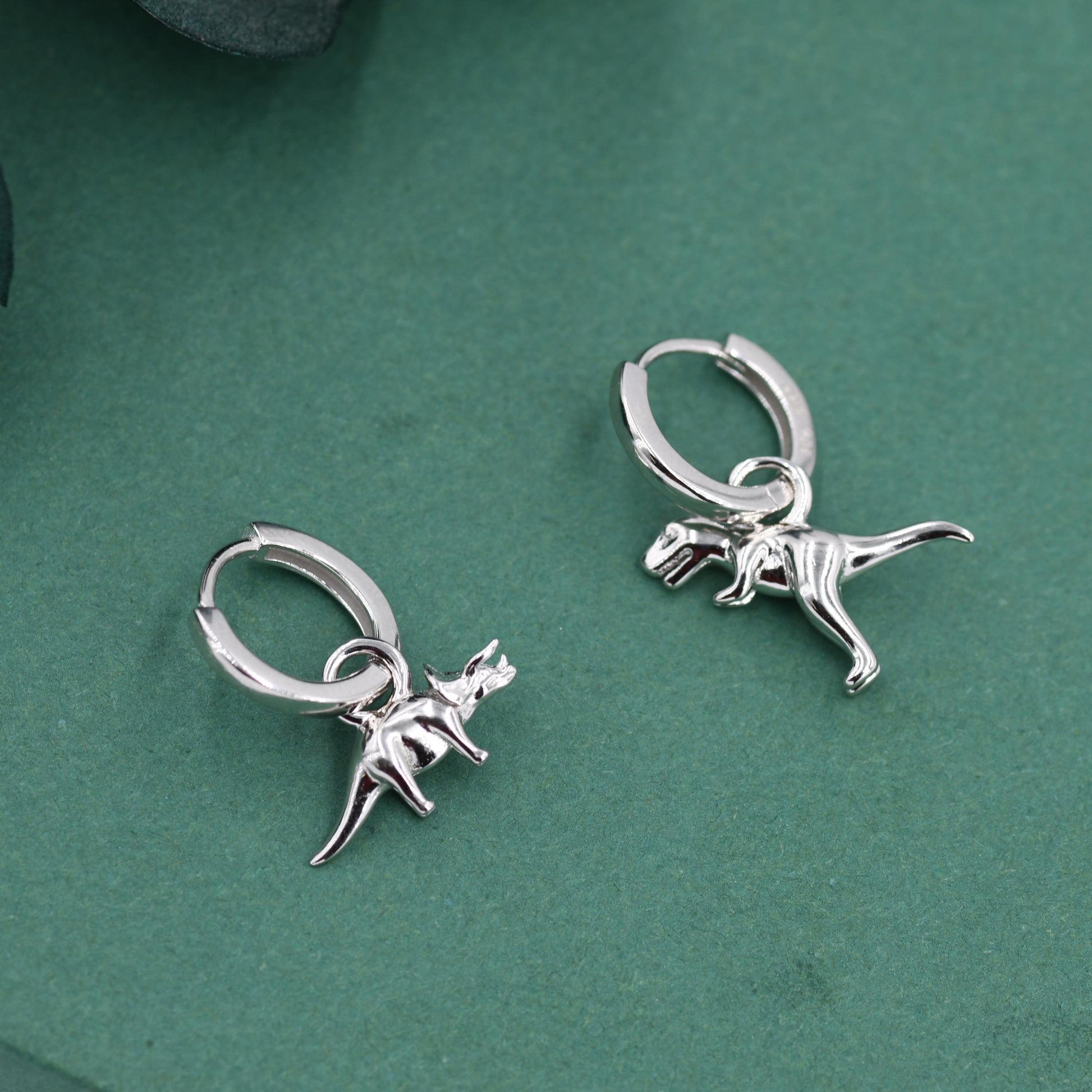 Sterling Silver Mismatched T-Rex and Triceratops Hoop Earrings – Dinosaur Jewellery for Prehistoric Lovers, with Detachable Charms