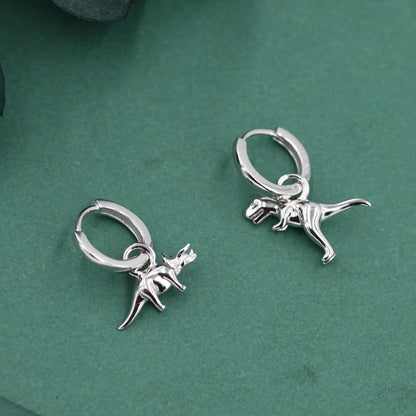 Sterling Silver Mismatched T-Rex and Triceratops Hoop Earrings – Dinosaur Jewellery for Prehistoric Lovers, with Detachable Charms
