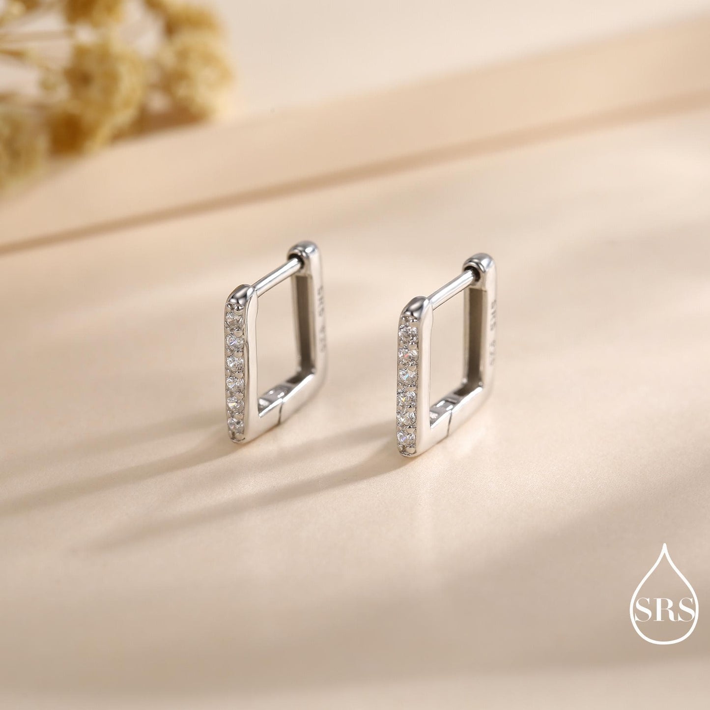 CZ Pave Square Huggie Hoop in Sterling Silver, Skinny Geometric Hoop Earrings, Gold or Silver, 8mm Minimalist Hoops