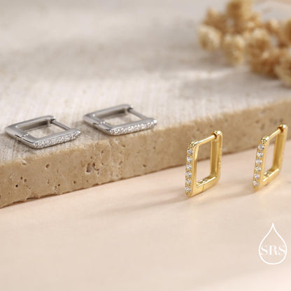 CZ Pave Square Huggie Hoop in Sterling Silver, Skinny Geometric Hoop Earrings, Gold or Silver, 8mm Minimalist Hoops
