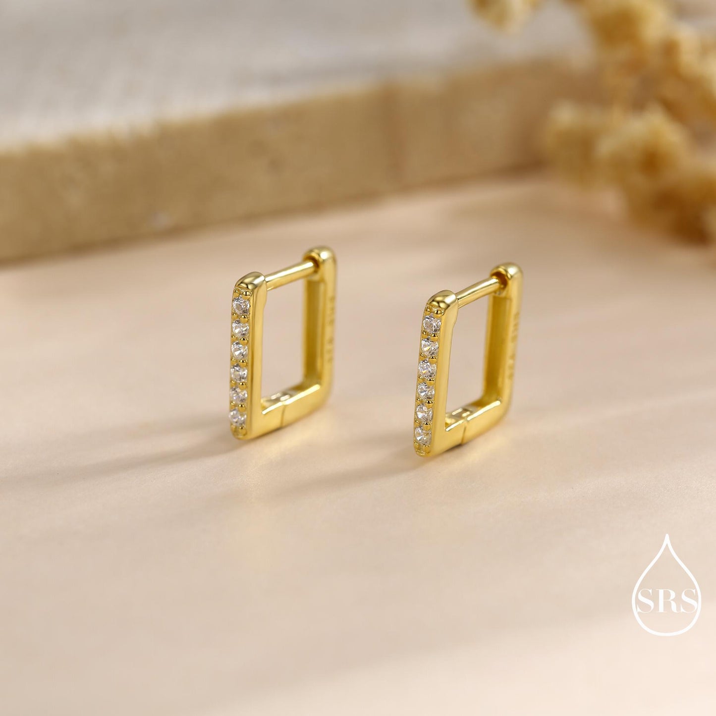CZ Pave Square Huggie Hoop in Sterling Silver, Skinny Geometric Hoop Earrings, Gold or Silver, 8mm Minimalist Hoops