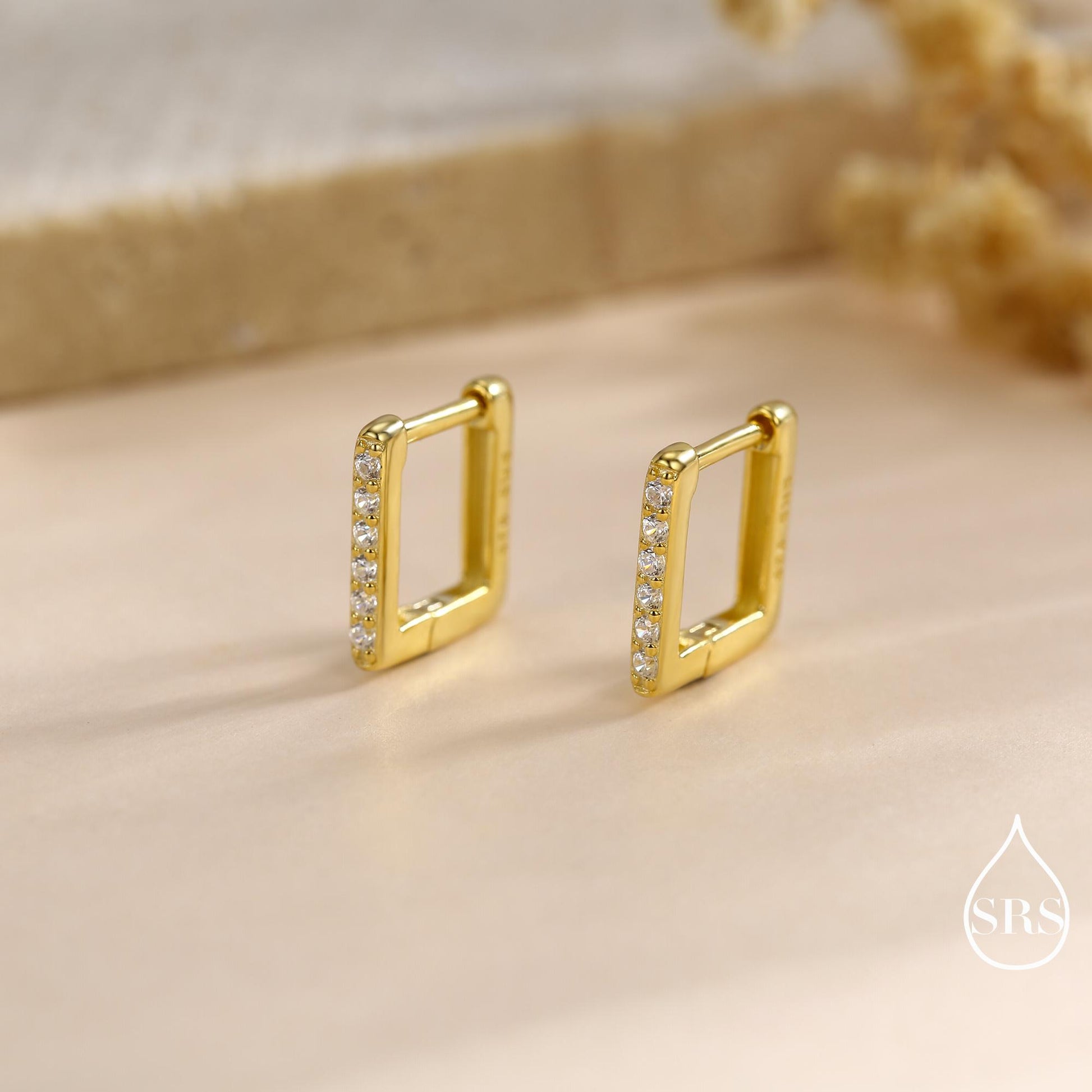 CZ Pave Square Huggie Hoop in Sterling Silver, Skinny Geometric Hoop Earrings, Gold or Silver, 8mm Minimalist Hoops