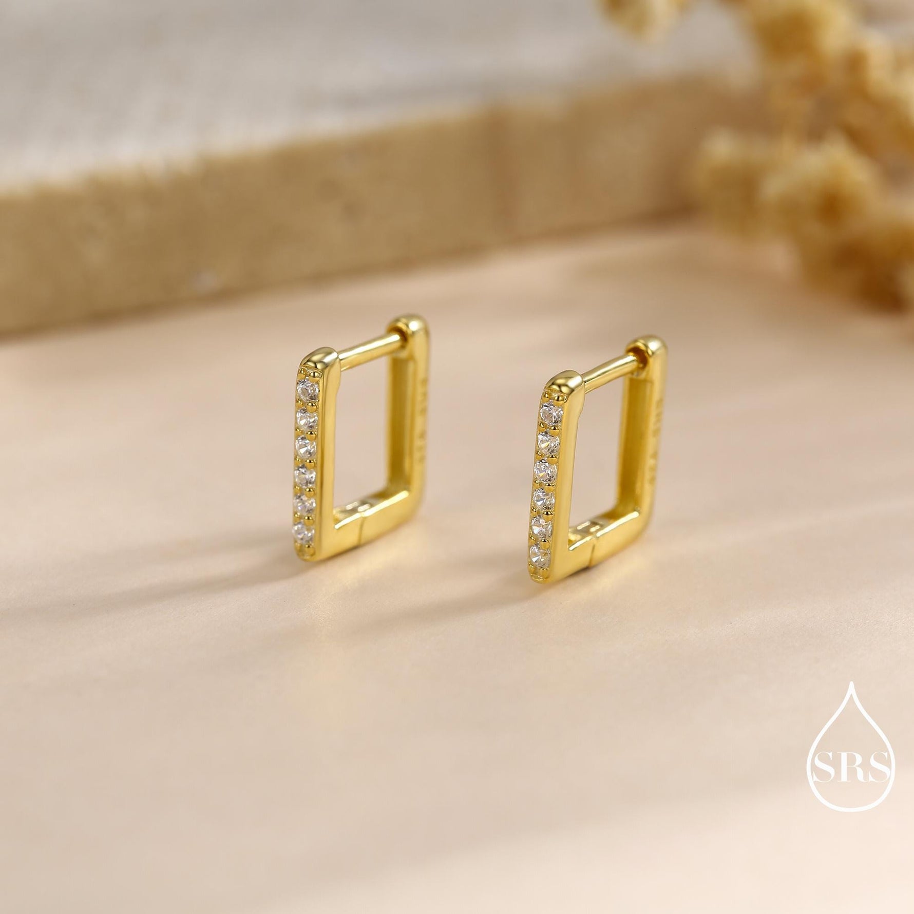 CZ Pave Square Huggie Hoop in Sterling Silver, Skinny Geometric Hoop Earrings, Gold or Silver Finish, 8mm Minimalist Hoops