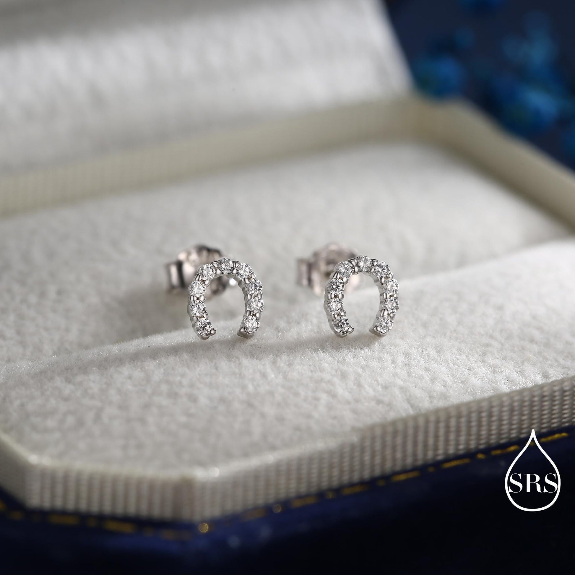 Sterling Silver Horseshoe Stud Earrings with Sparkling CZ Crystals, Fun and Quirky, Jewellery for Good Luck