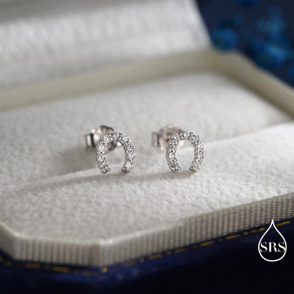 Sterling Silver Horseshoe Stud Earrings with Sparkling CZ Crystals, Fun and Quirky, Jewellery for Good Luck