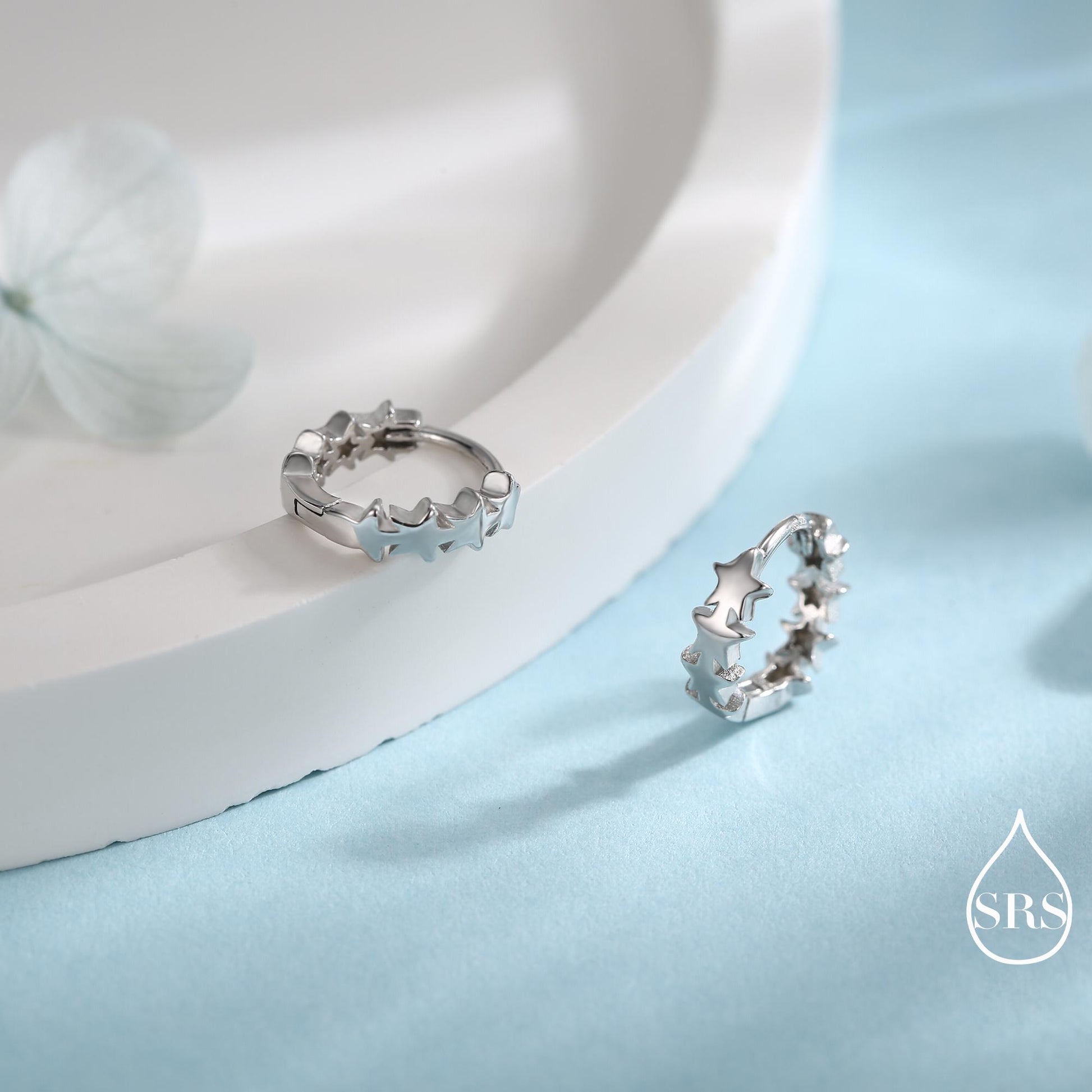 Star Motif Huggie Hoop Earrings in Sterling Silver, Star Hoop Snug Earrings, 8mm Hoop, Silver or Gold, Geometric Design