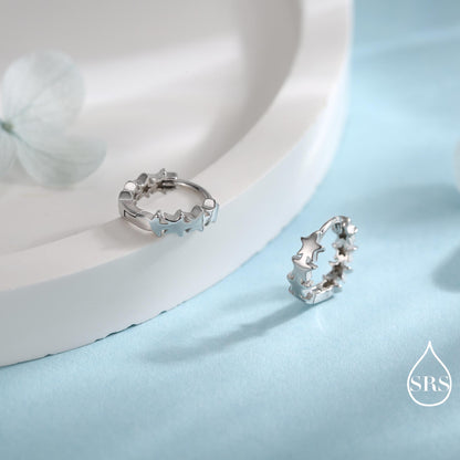 Star Motif Huggie Hoop Earrings in Sterling Silver, Star Hoop Snug Earrings, 8mm Hoop, Silver or Gold, Geometric Design