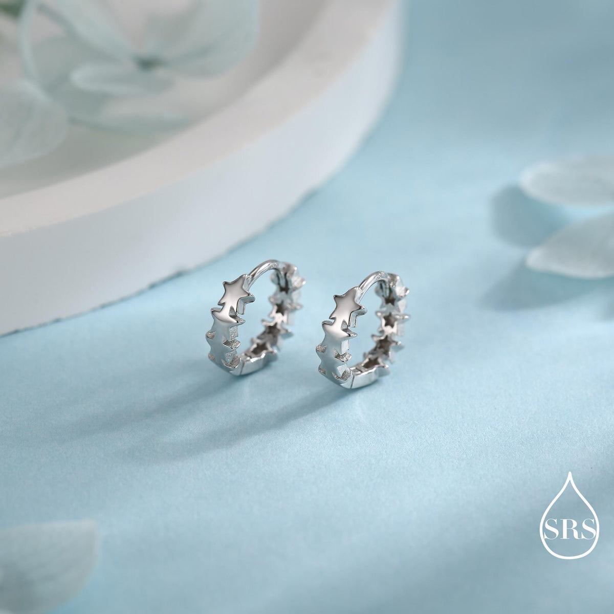 Star Motif Huggie Hoop Earrings in Sterling Silver, Star Hoop Snug Earrings, 8mm Hoop, Silver or Gold, Geometric Design