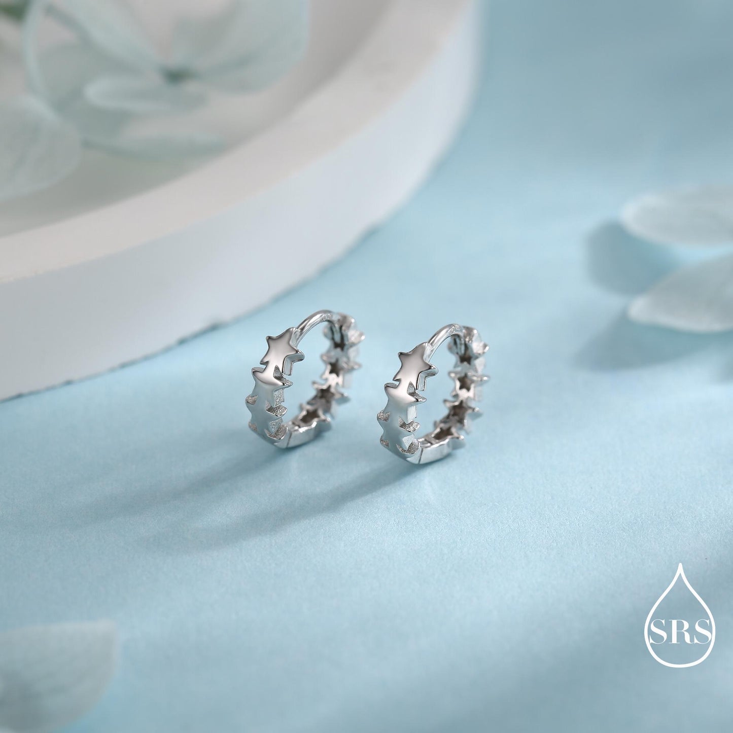 Star Motif Huggie Hoop Earrings in Sterling Silver, Star Hoop Snug Earrings, 8mm Hoop, Silver or Gold, Geometric Design