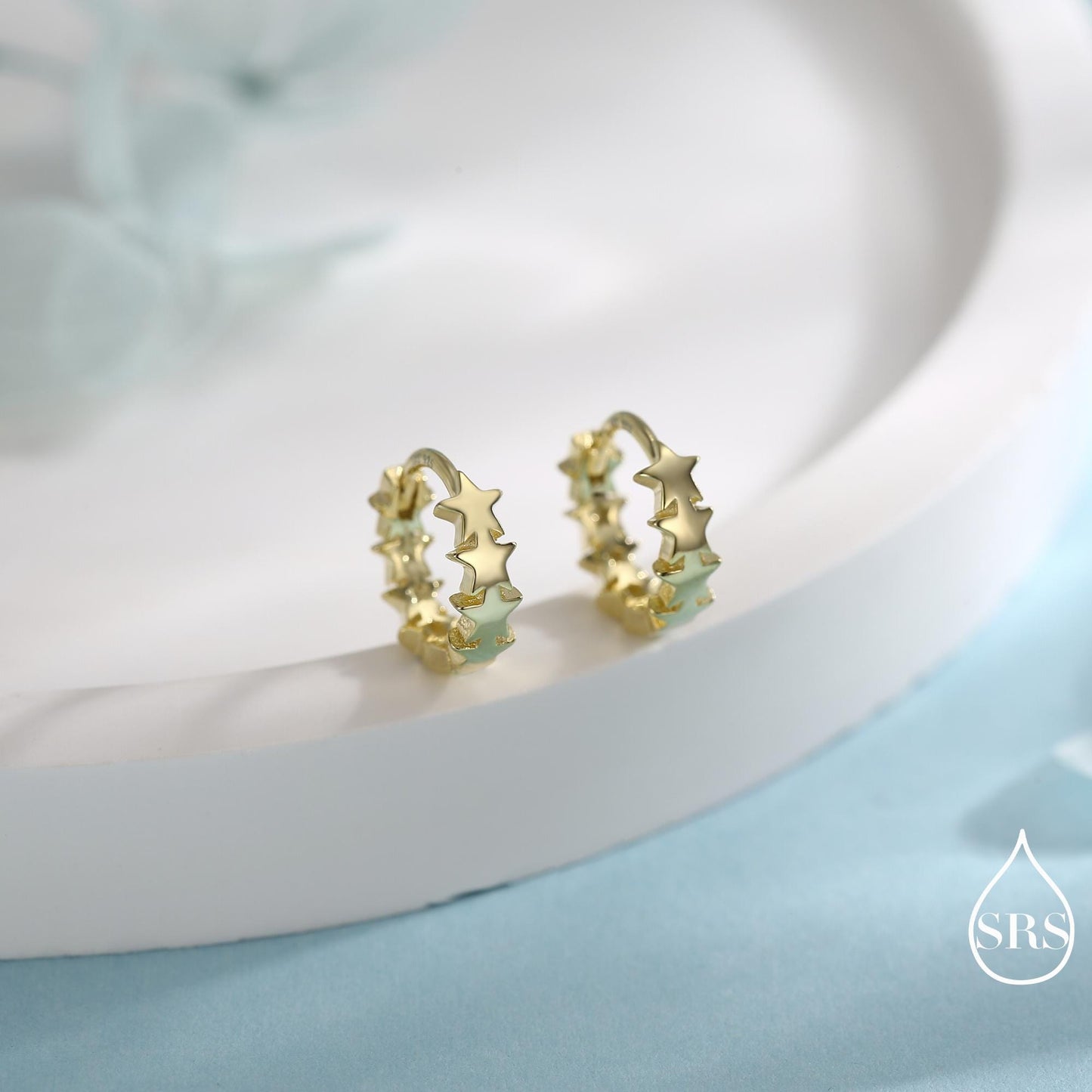 Star Motif Huggie Hoop Earrings in Sterling Silver, Star Hoop Snug Earrings, 8mm Hoop, Silver or Gold, Geometric Design