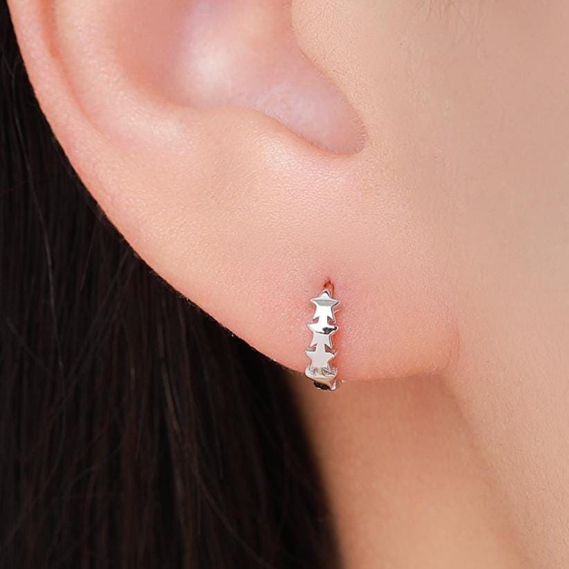 Star Motif Huggie Hoop Earrings in Sterling Silver, Star Hoop Snug Earrings, 8mm Hoop, Silver or Gold, Geometric Design
