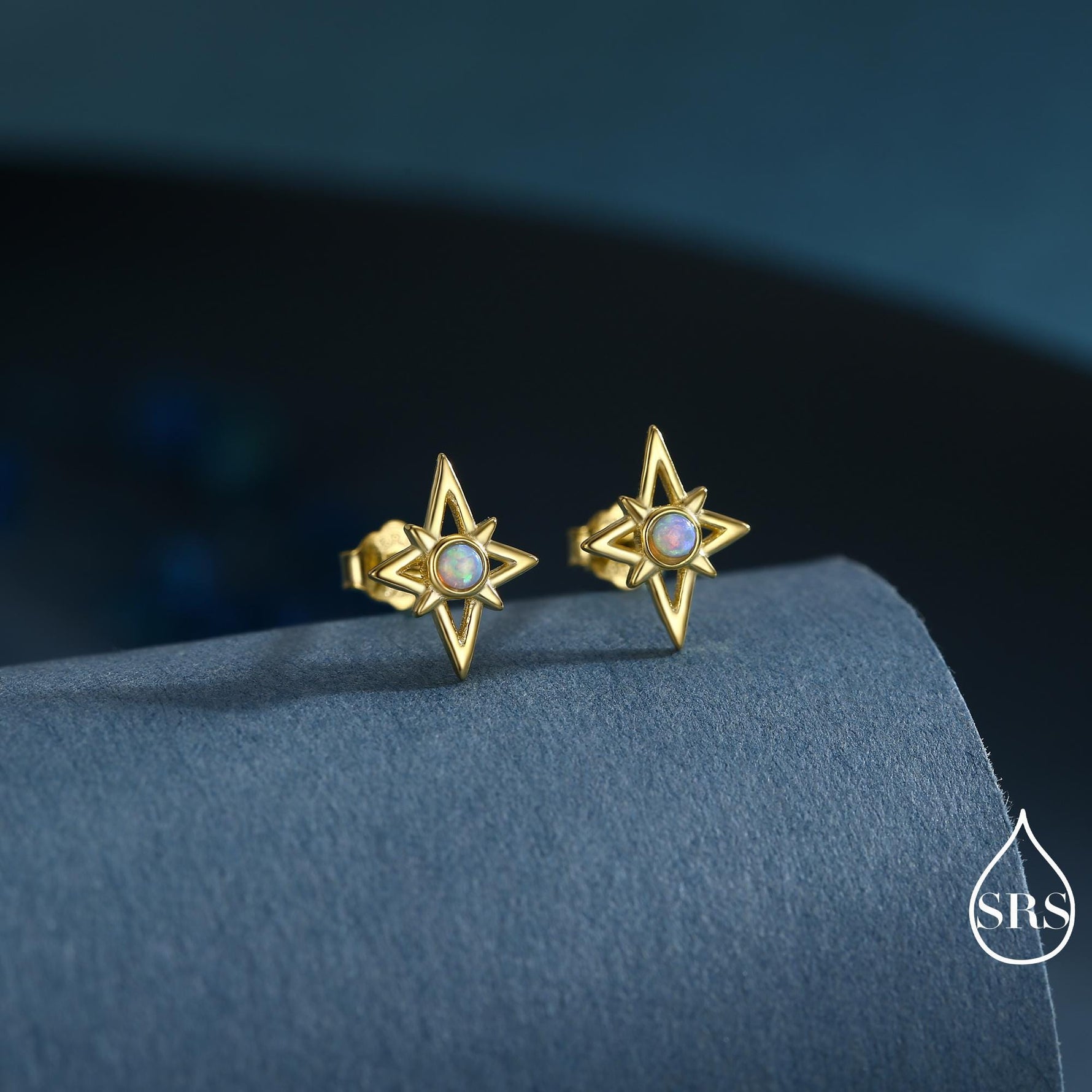 North Star Opal Stud Earrings in Sterling Silver - Gold or Silver - Opal Starburst Earrings - Petite Stud Earrings