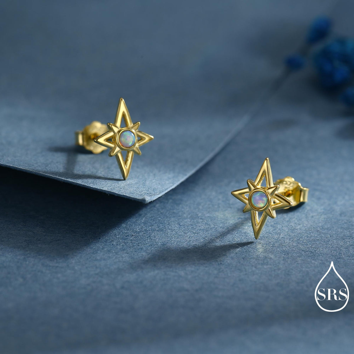 North Star Opal Stud Earrings in Sterling Silver - Gold or Silver - Opal Starburst Earrings - Petite Stud Earrings