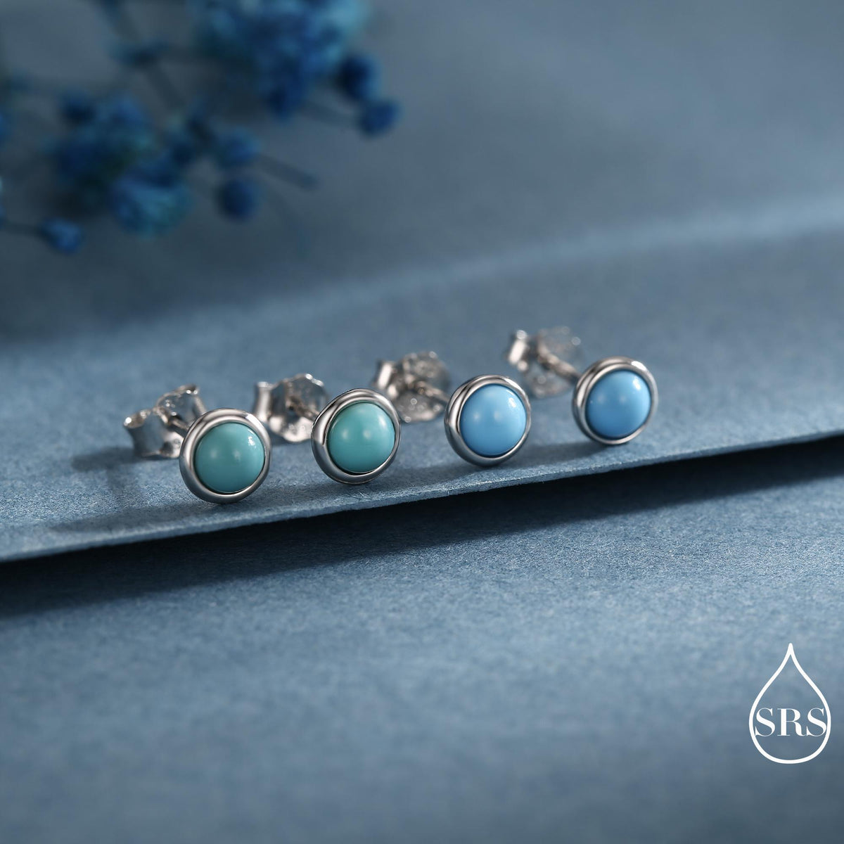 Sterling Silver Turquoise Stud Earrings, 3 or 4mm, Blue or Green Turquoise Gemstone, Bezel, Minimalist December Birthstone