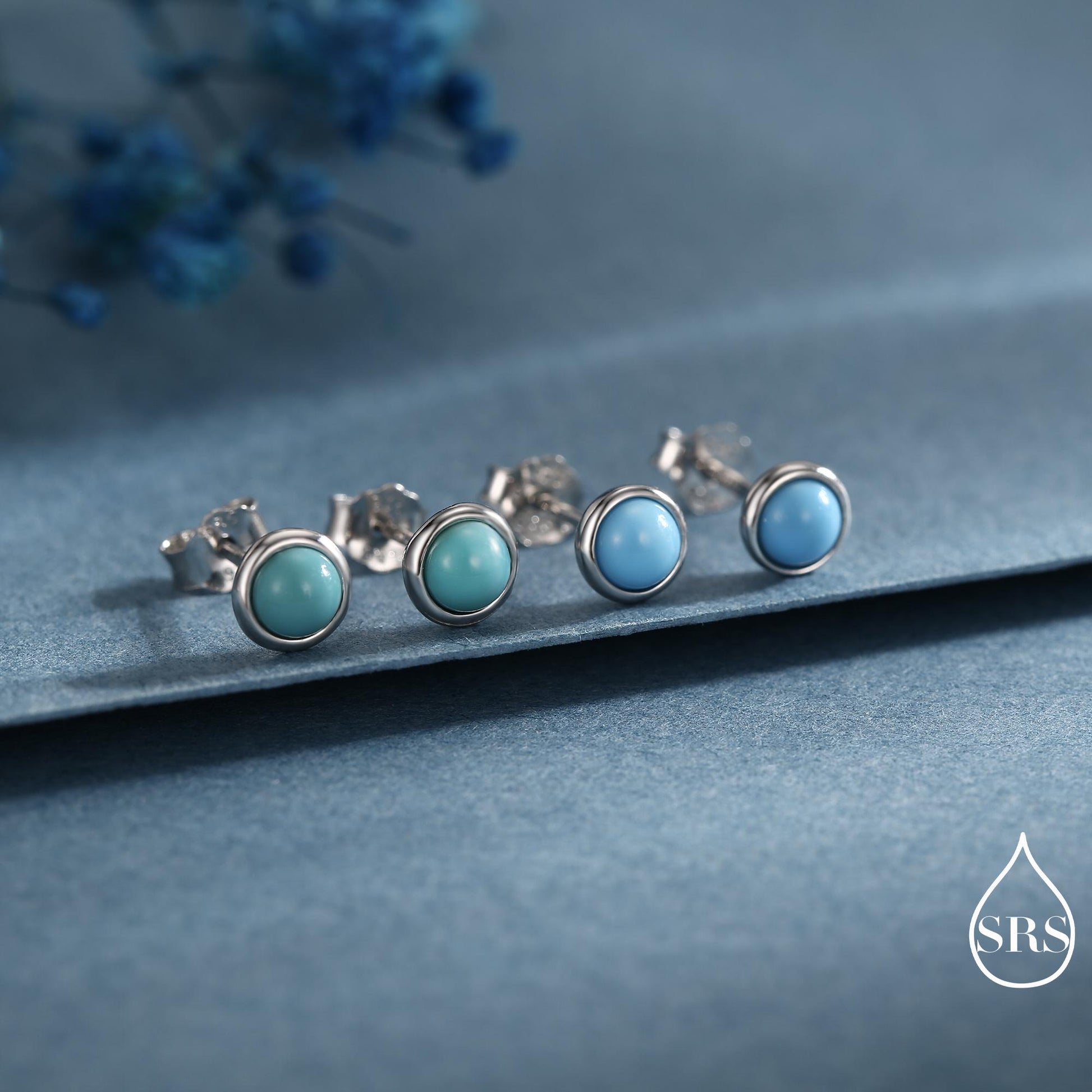 Sterling Silver Turquoise Stud Earrings, 3 or 4mm, Blue or Green Turquoise Gemstone, Bezel, Minimalist December Birthstone
