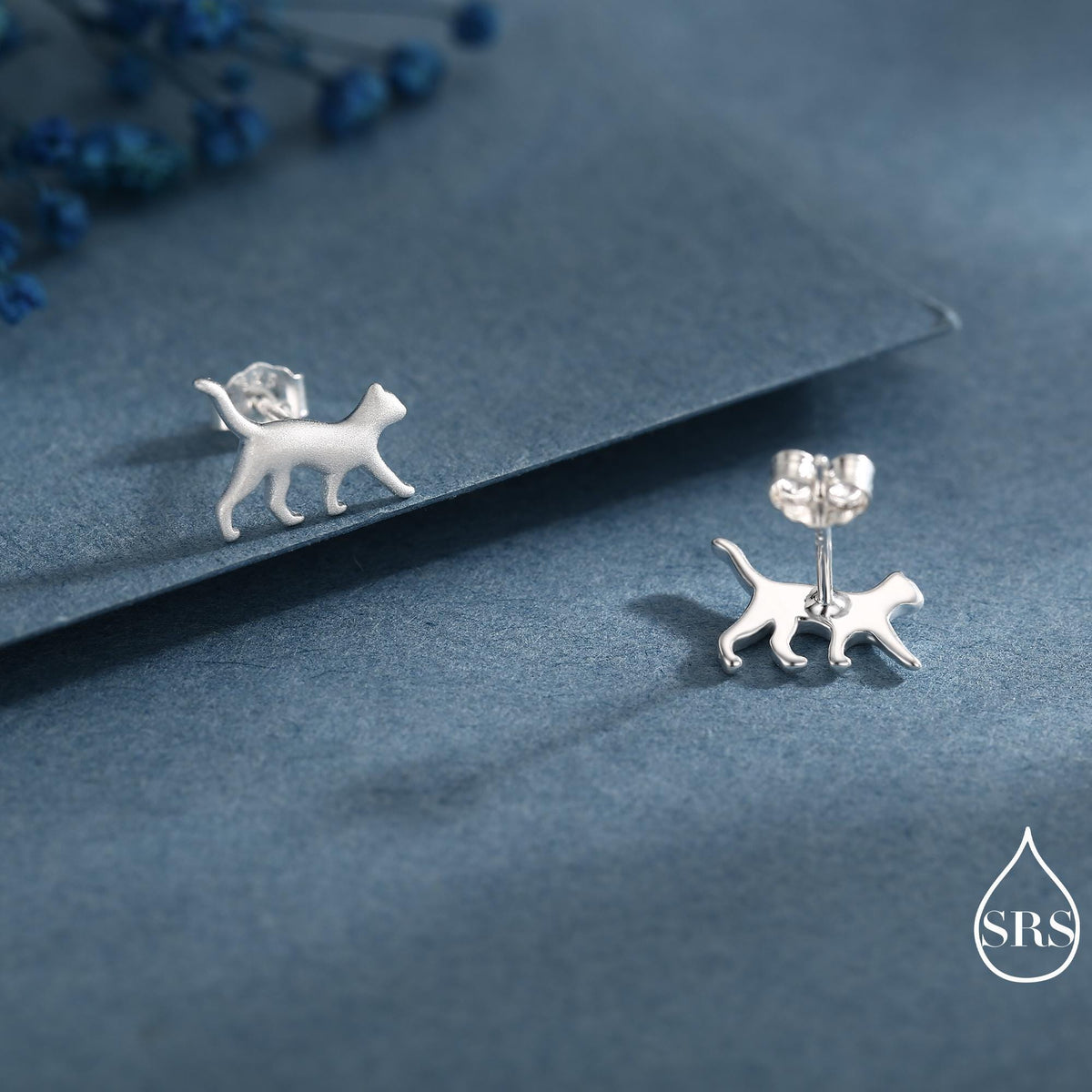 Cat Stud Earrings in Sterling Silver, Frosted Finish, Cute Dainty Minimal Jewellery, Cat Earrings