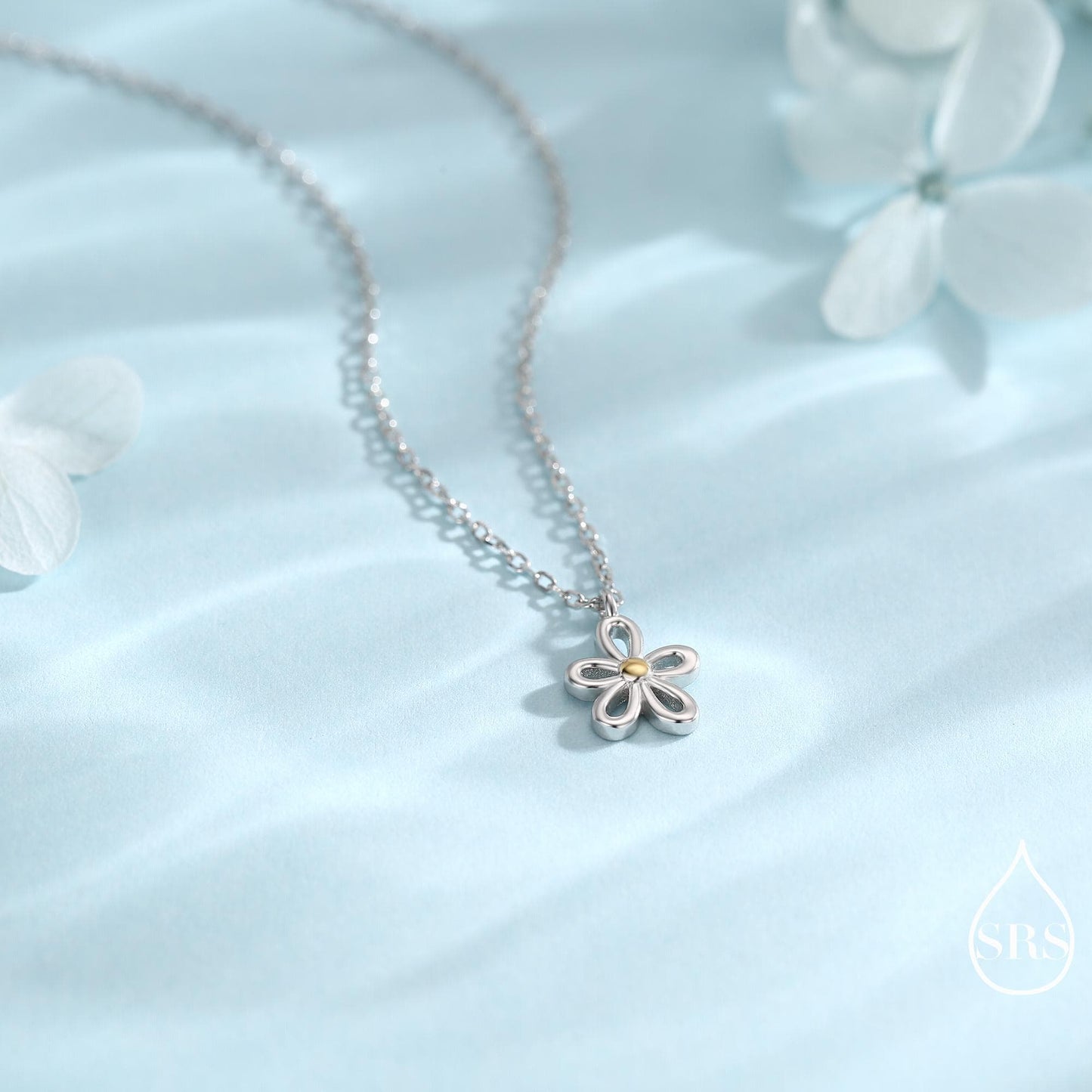 Sterling Silver Tiny Little Forget Me Not Flower Blossom Pendant Necklace with 18ct Gold Plating, Cut-Out Forget-me-not Necklace