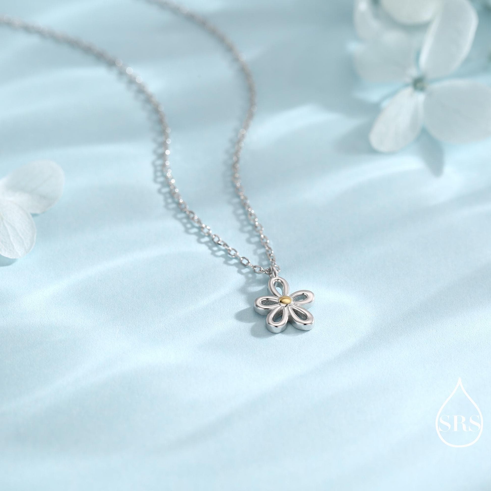 Sterling Silver Tiny Little Forget Me Not Flower Blossom Pendant Necklace with 18ct Gold Plating, Cut-Out Forget-me-not Necklace