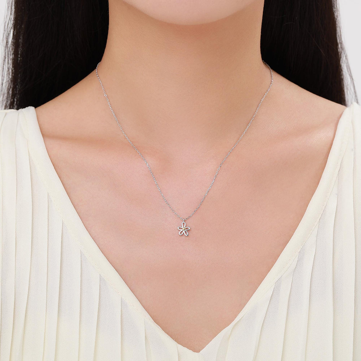 Sterling Silver Tiny Little Forget Me Not Flower Blossom Pendant Necklace with 18ct Gold Plating, Cut-Out Forget-me-not Necklace