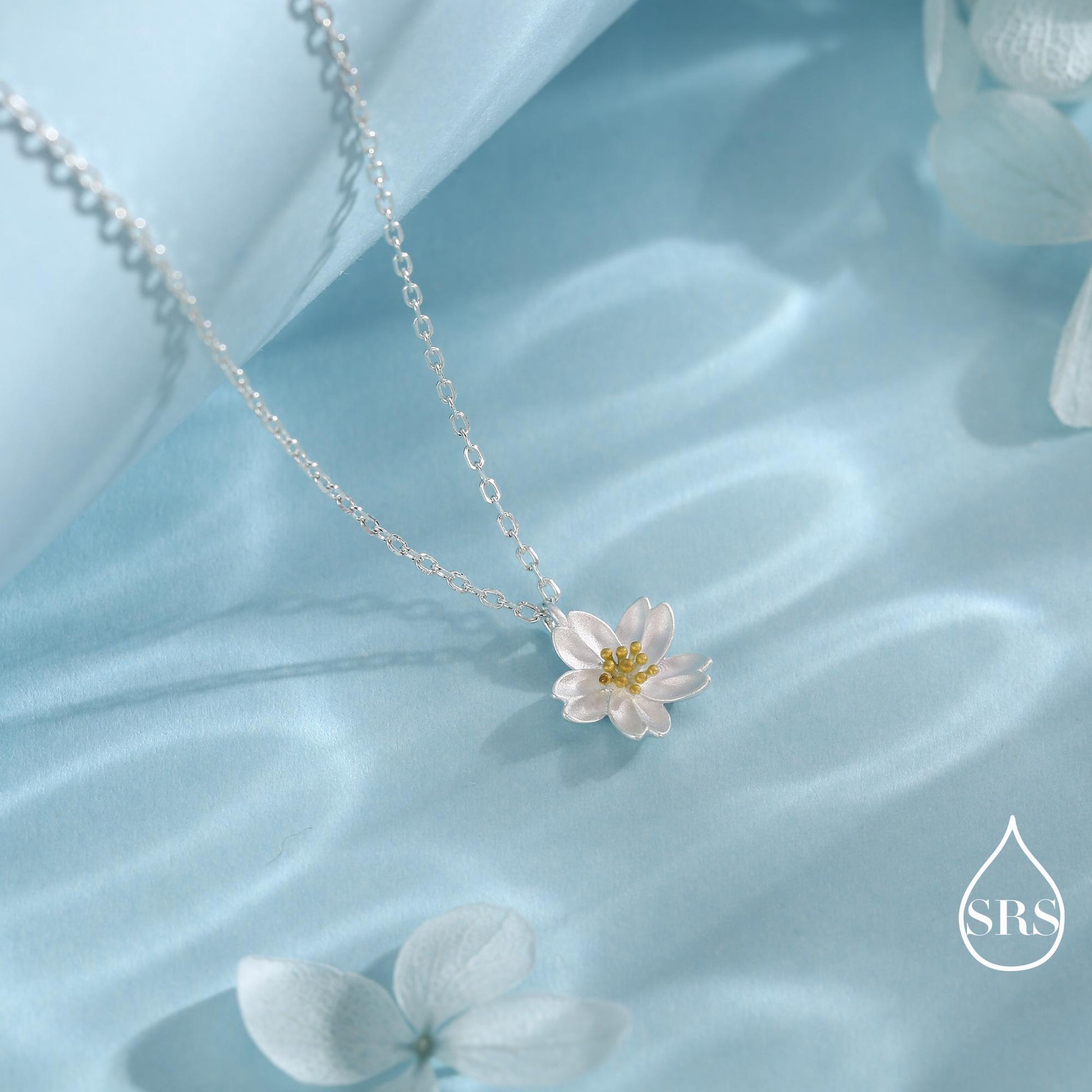 Cherry Blossom Flower Tiny Pendant Necklace in Sterling Silver, Nature Inspired Flower Necklace, January Birth Flower, Botanical