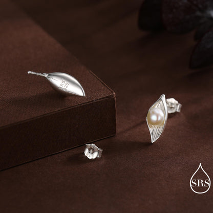 Sterling Silver Calla Lily Flower Blossom Stud Earrings with Fresh Water Pearls, Nature Inspired Pretty and Elegant Jewellery