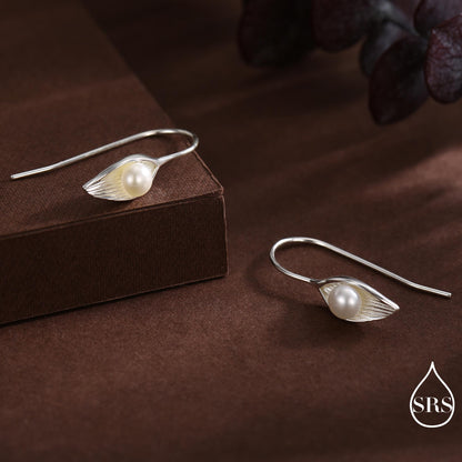 Sterling Silver Calla Lily Flower Hook Earrings with Fresh Water Pearls, Nature Inspired Pretty and Elegant Jewellery