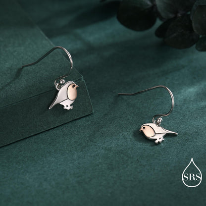 Robin Bird Drop Hook Earrings in Sterling Silver, Silver Animal Earrings, Nature Inspired Jewellery