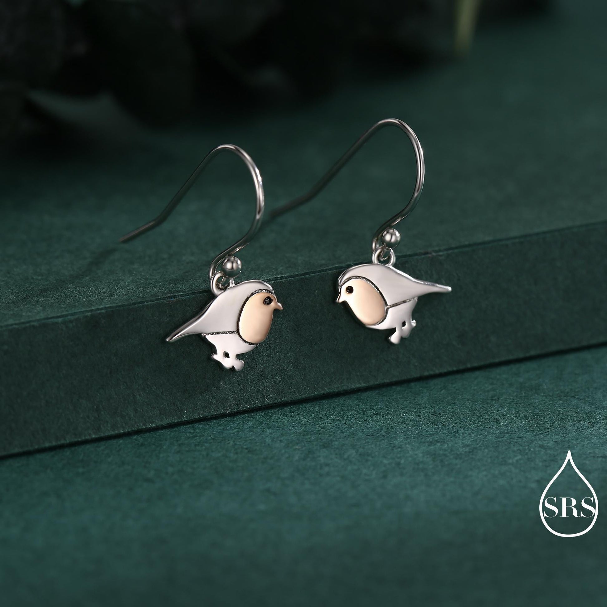 Robin Bird Drop Hook Earrings in Sterling Silver, Silver Animal Earrings, Nature Inspired Jewellery