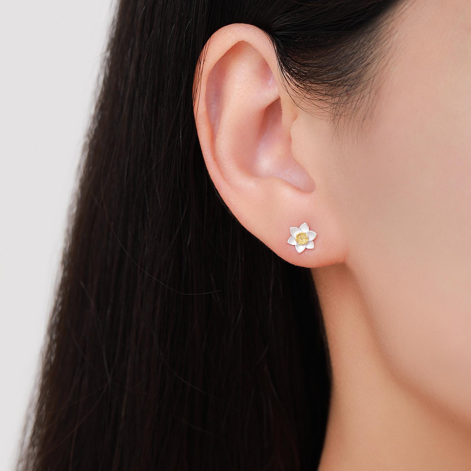 Sterling Silver Daffodil Flower Jewellery, Pretty and Cute Blossom Flower Stud Earrings , with Partial 18ct Gold Plating
