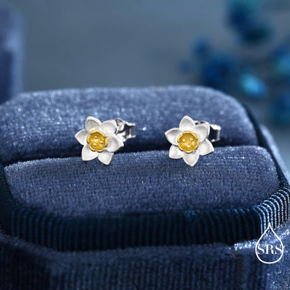 Sterling Silver Daffodil Flower Jewellery, Pretty and Cute Blossom Flower Stud Earrings , with Partial 18ct Gold Plating