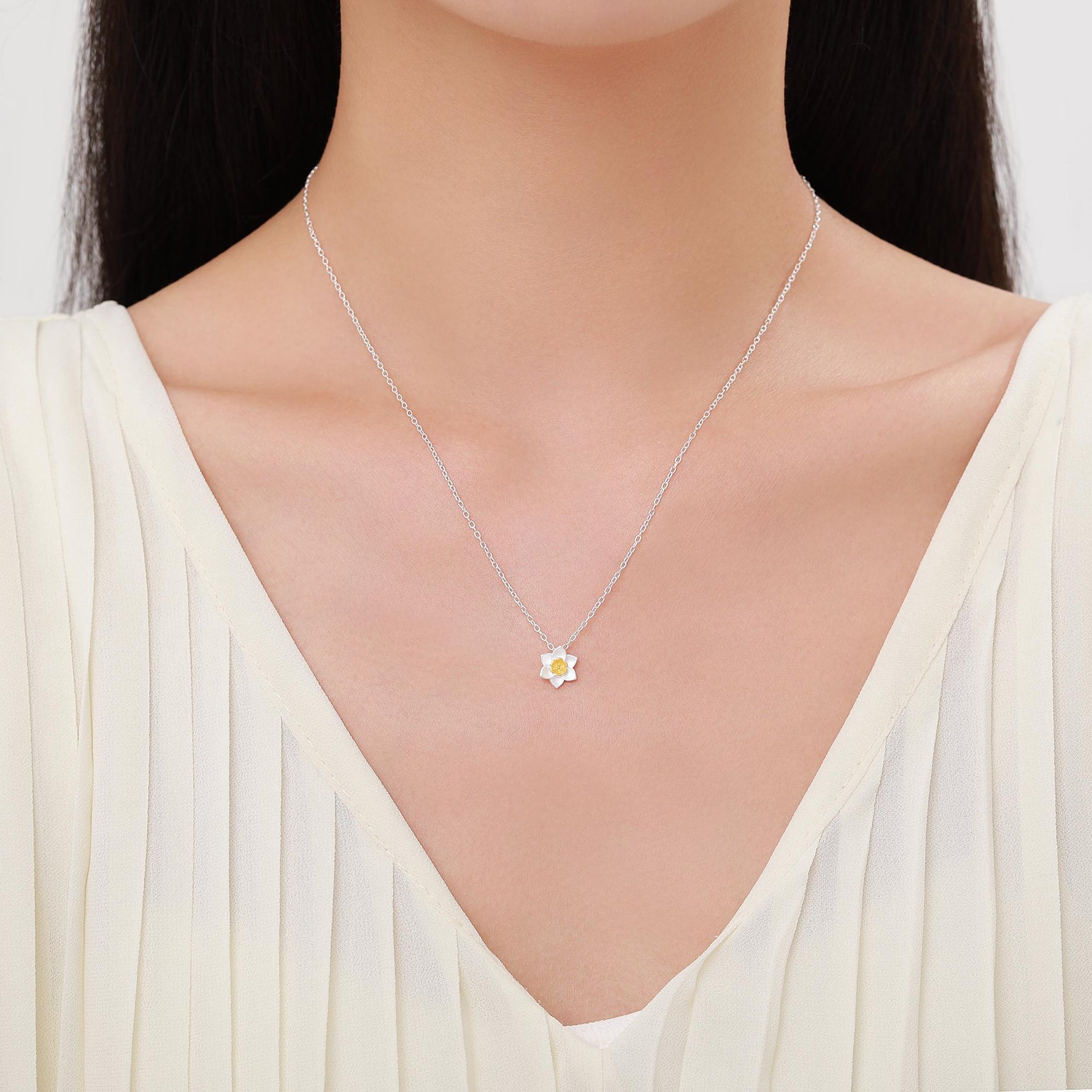 Sterling Silver Tiny Little Daffodil Flower Blossom Pendant Necklace with 18ct Gold Plating - Cute and Whimsical Jewellery