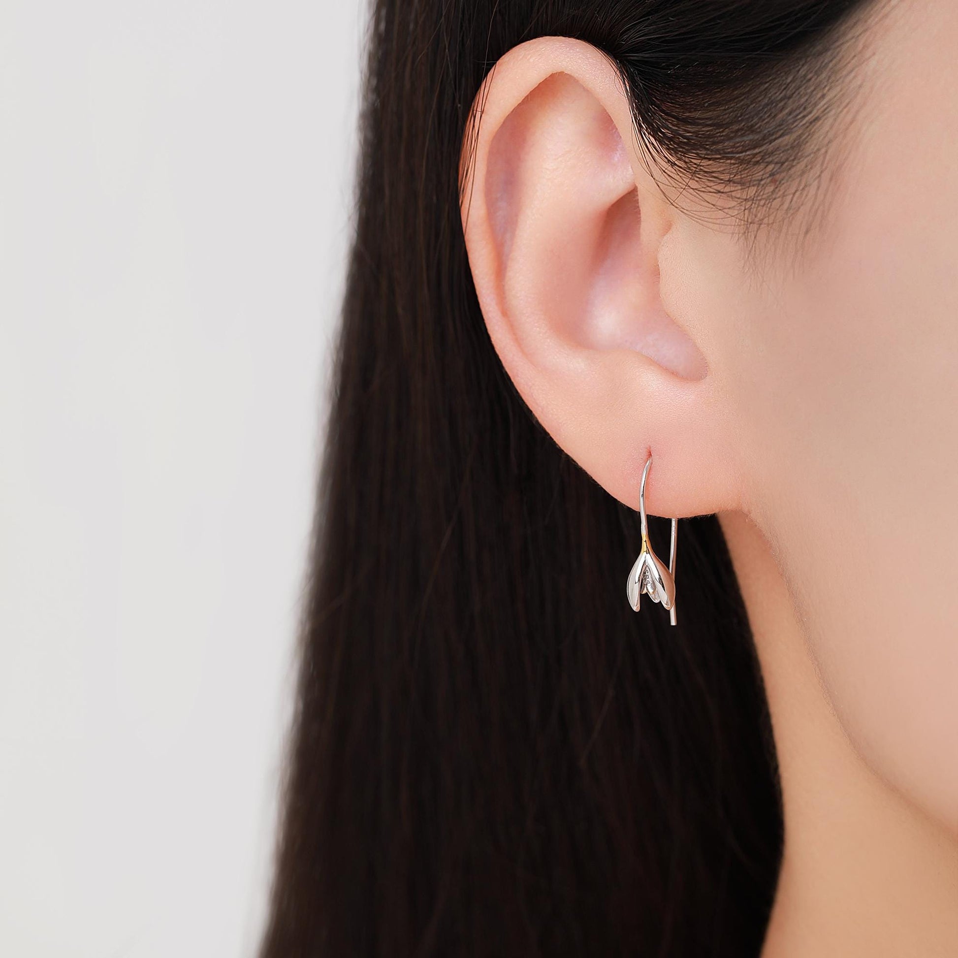 Snowdrop Flower Drop Earrings in Sterling Silver, Silver and Gold, Nature Inspired Flower Earrings, January Birth Flower, Botanical