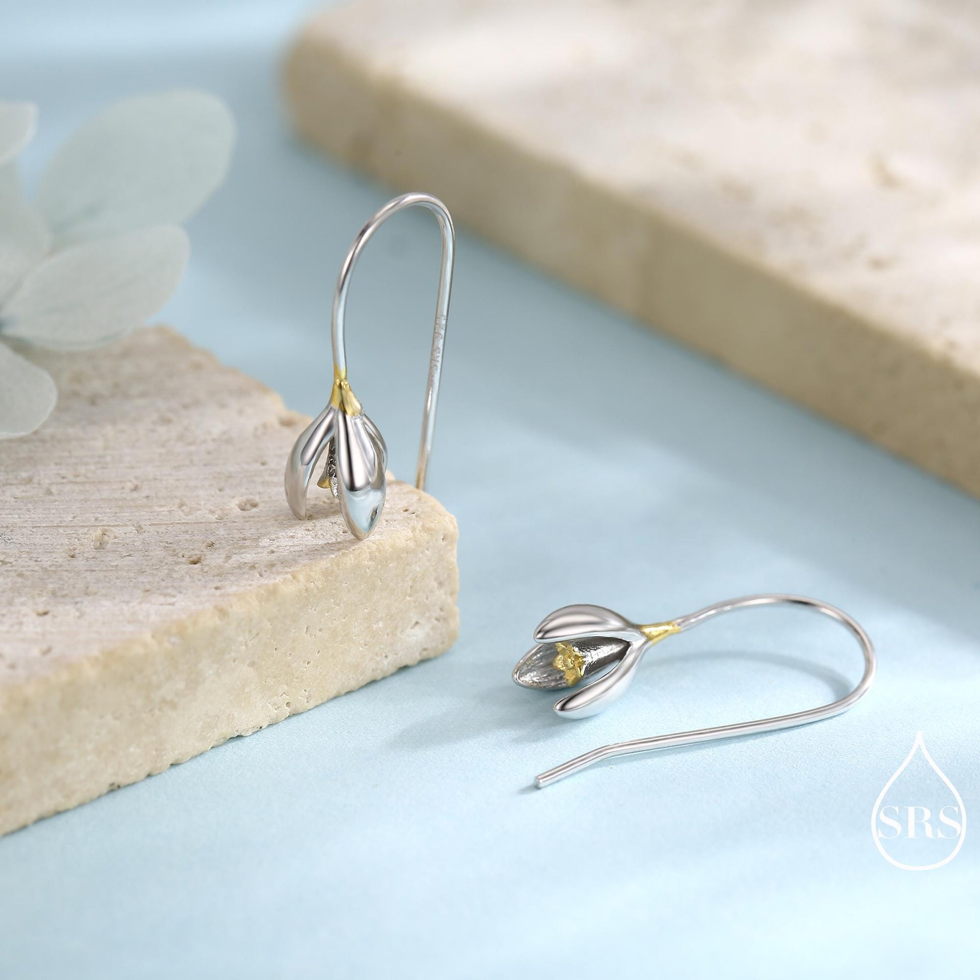 Snowdrop Flower Drop Earrings in Sterling Silver, Silver and Gold, Nature Inspired Flower Earrings, January Birth Flower, Botanical
