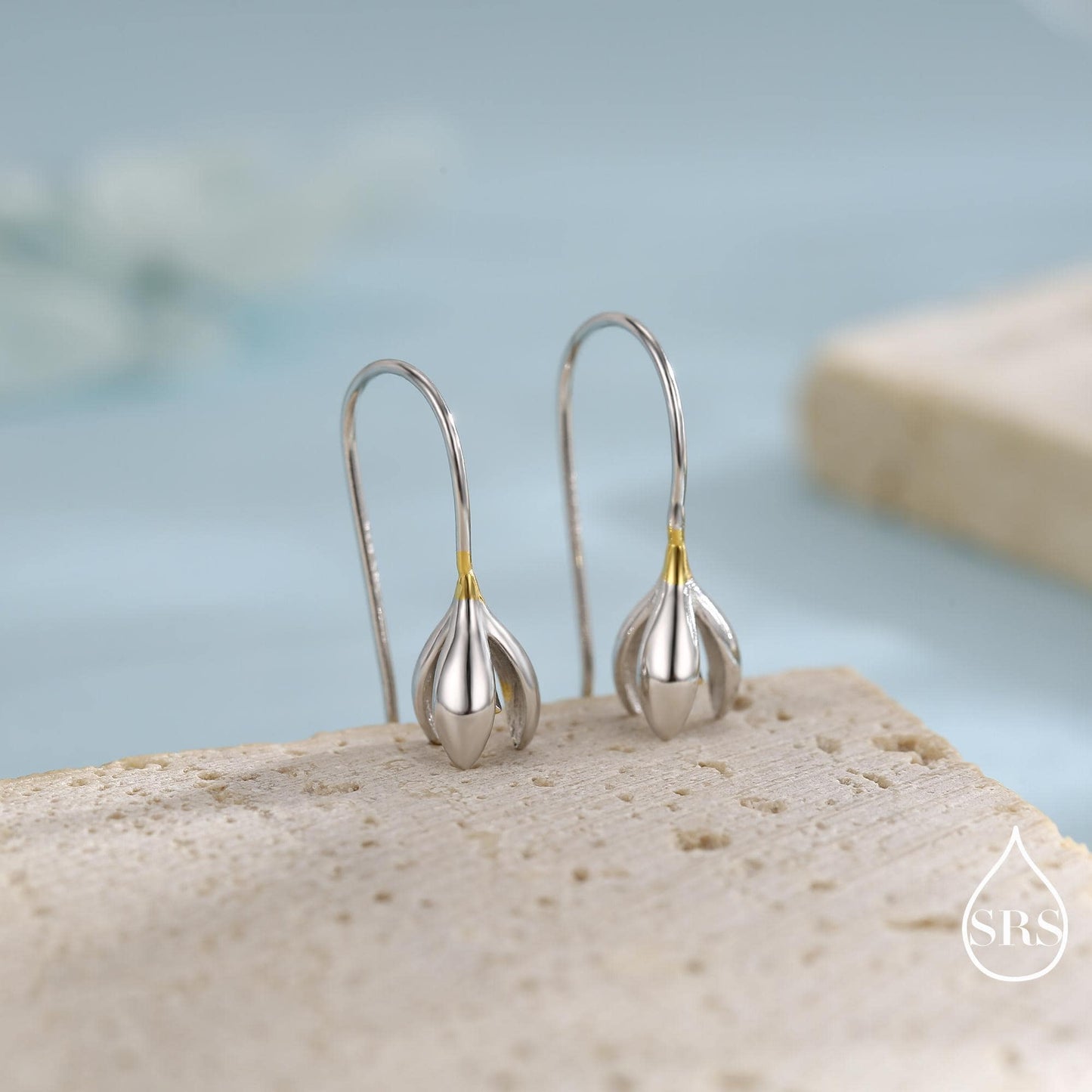 Snowdrop Flower Drop Earrings in Sterling Silver, Silver and Gold, Nature Inspired Flower Earrings, January Birth Flower, Botanical