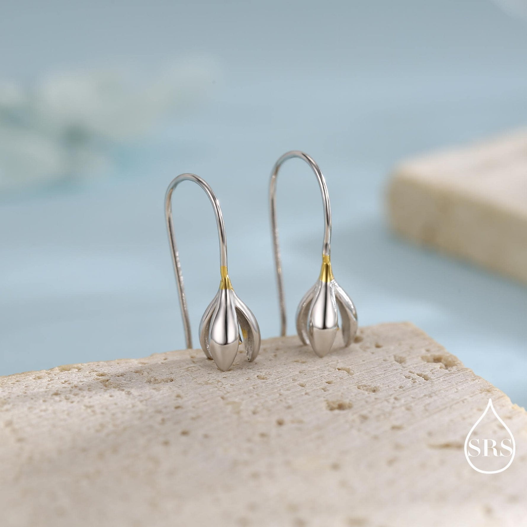 Snowdrop Flower Drop Earrings in Sterling Silver, Silver and Gold, Nature Inspired Flower Earrings, January Birth Flower, Botanical