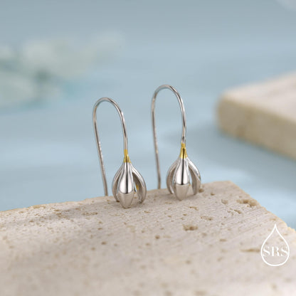 Snowdrop Flower Drop Earrings in Sterling Silver, Silver and Gold, Nature Inspired Flower Earrings, January Birth Flower, Botanical