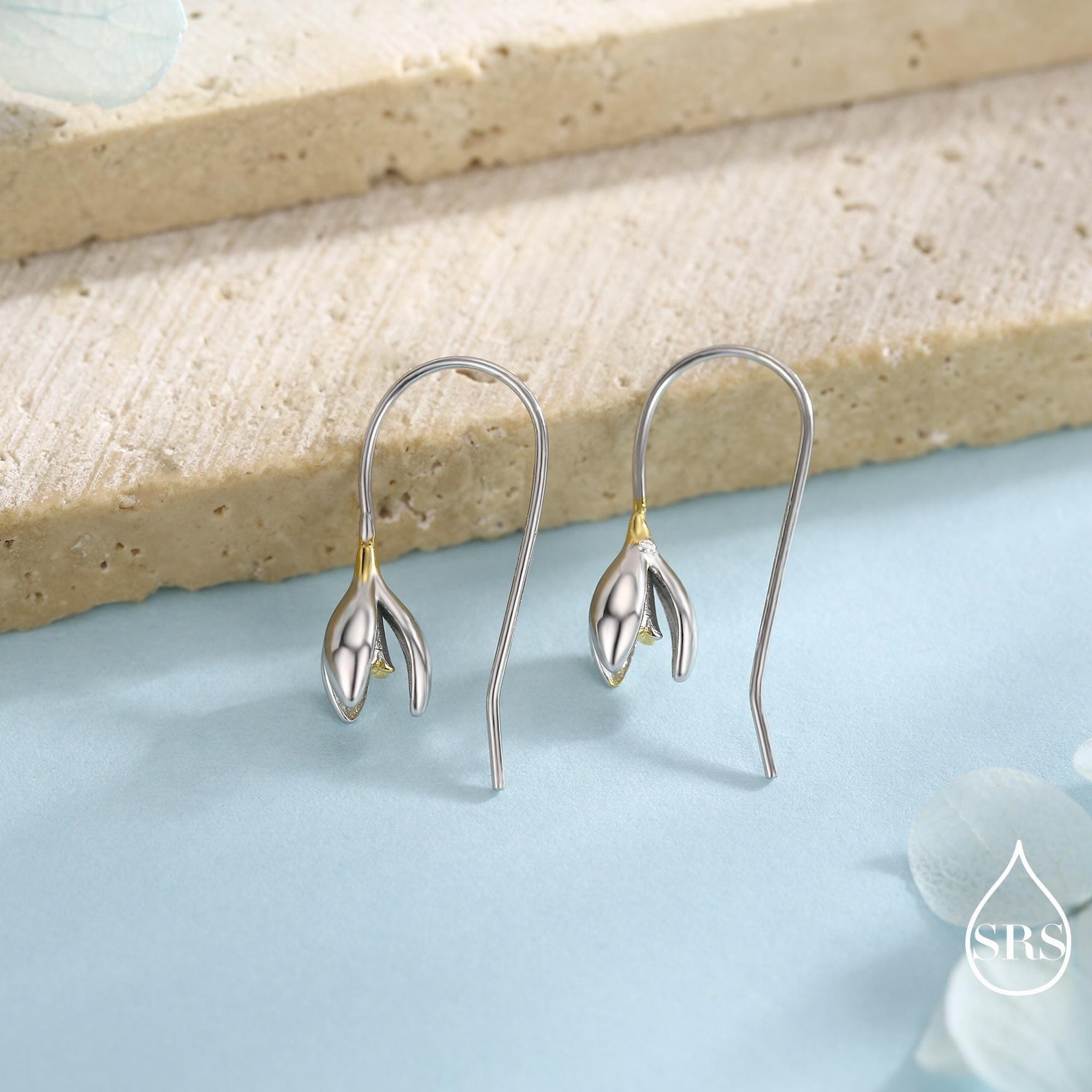 Snowdrop Flower Drop Earrings in Sterling Silver, Silver and Gold, Nature Inspired Flower Earrings, January Birth Flower, Botanical