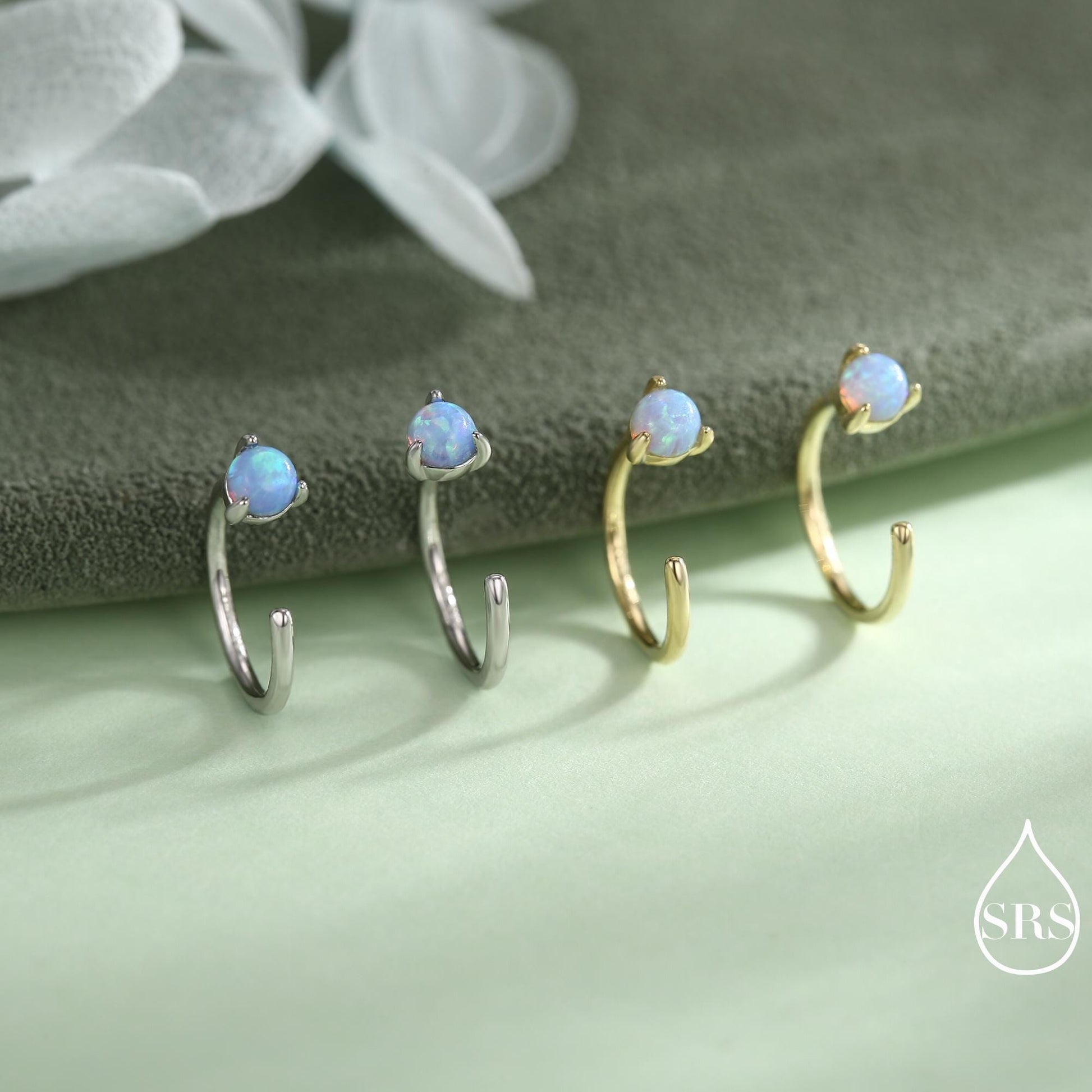 Minimalist Opal Huggie Hoop Threader Earrings in Sterling Silver, 3mm Three Prong, Gold or Silver, Pull Through Open Hoops, Blue Opal C Hoop