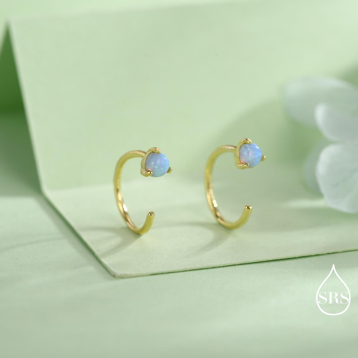 Minimalist Opal Huggie Hoop Threader Earrings in Sterling Silver, 3mm Three Prong, Gold or Silver, Pull Through Open Hoops, Blue Opal C Hoop