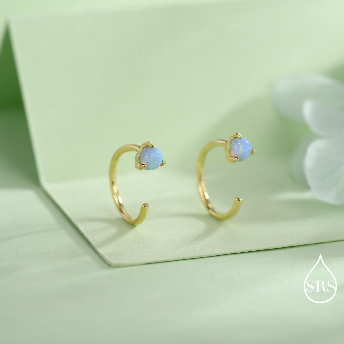 Minimalist Opal Huggie Hoop Threader Earrings in Sterling Silver, 3mm Three Prong, Gold or Silver, Pull Through Open Hoops, Blue Opal C Hoop