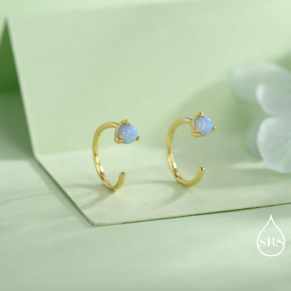 Minimalist Opal Huggie Hoop Threader Earrings in Sterling Silver, 3mm Three Prong, Gold or Silver, Pull Through Open Hoops, Blue Opal C Hoop