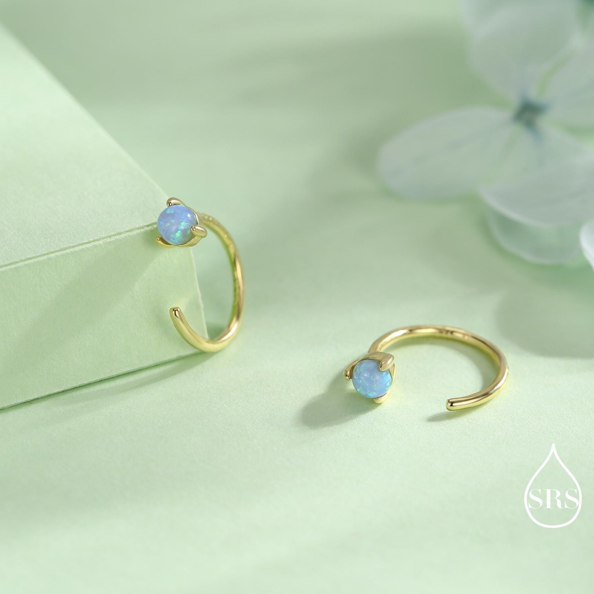 Minimalist Opal Huggie Hoop Threader Earrings in Sterling Silver, 3mm Three Prong, Gold or Silver, Pull Through Open Hoops, Blue Opal C Hoop