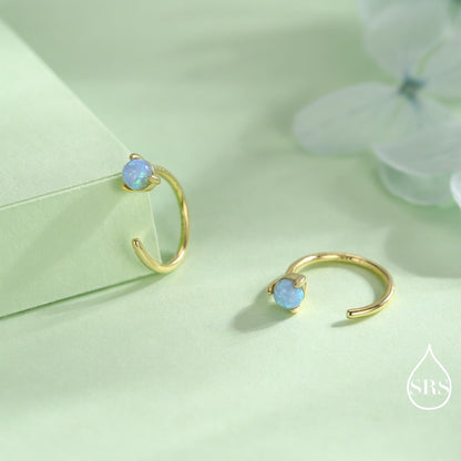 Minimalist Opal Huggie Hoop Threader Earrings in Sterling Silver, 3mm Three Prong, Gold or Silver, Pull Through Open Hoops, Blue Opal C Hoop
