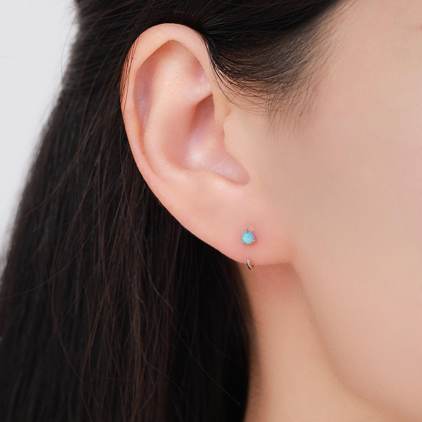Minimalist Opal Huggie Hoop Threader Earrings in Sterling Silver, 3mm Three Prong, Gold or Silver, Pull Through Open Hoops, Blue Opal C Hoop