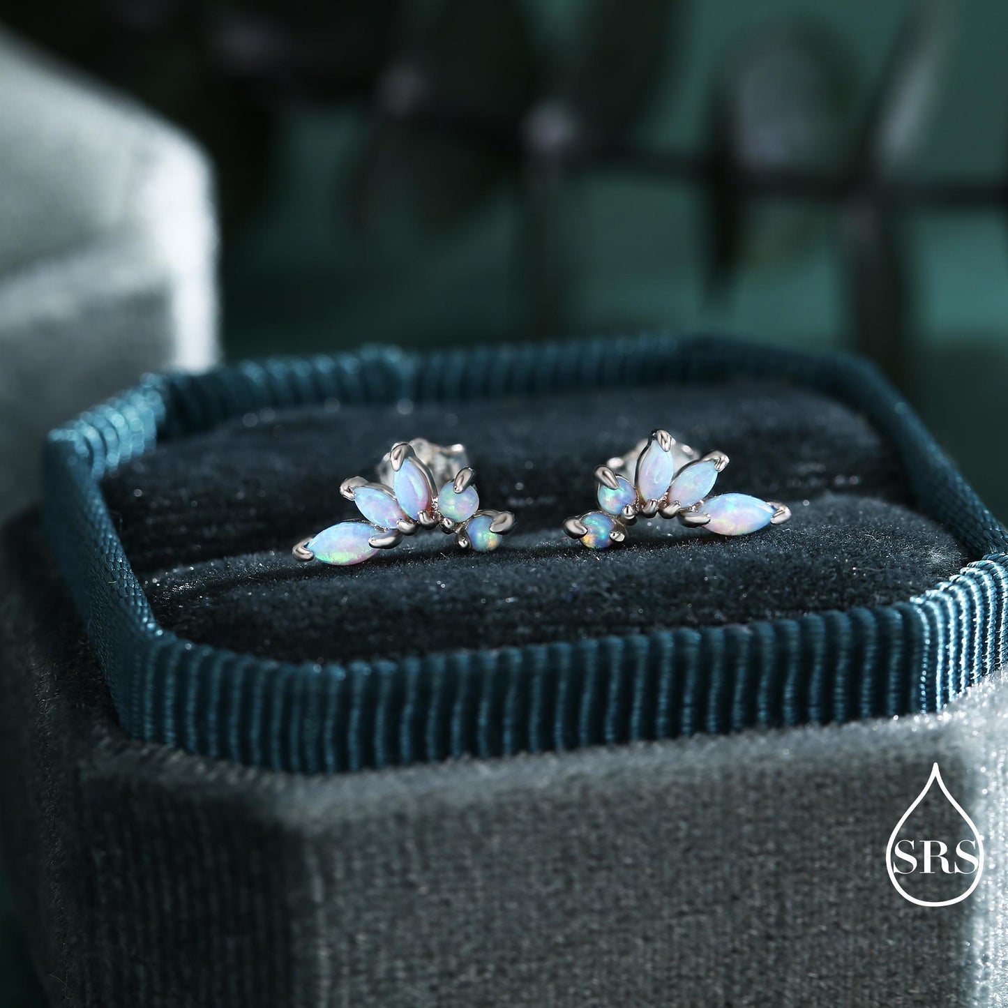 Sterling Silver Blue Opal Marquise Cluster Stud Earrings, Silver and Gold, Blue Opal Earrings, Lab Opal Mini Crawler Earrings, Minimalist