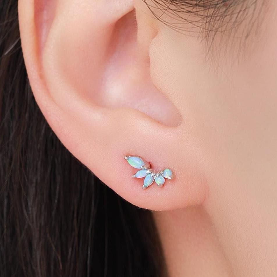 Sterling Silver Blue Opal Marquise Cluster Stud Earrings, Silver and Gold, Blue Opal Earrings, Lab Opal Mini Crawler Earrings, Minimalist