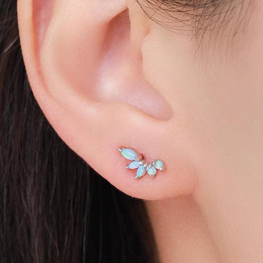 Sterling Silver Blue Opal Marquise Cluster Stud Earrings, Silver and Gold, Blue Opal Earrings, Lab Opal Mini Crawler Earrings, Minimalist