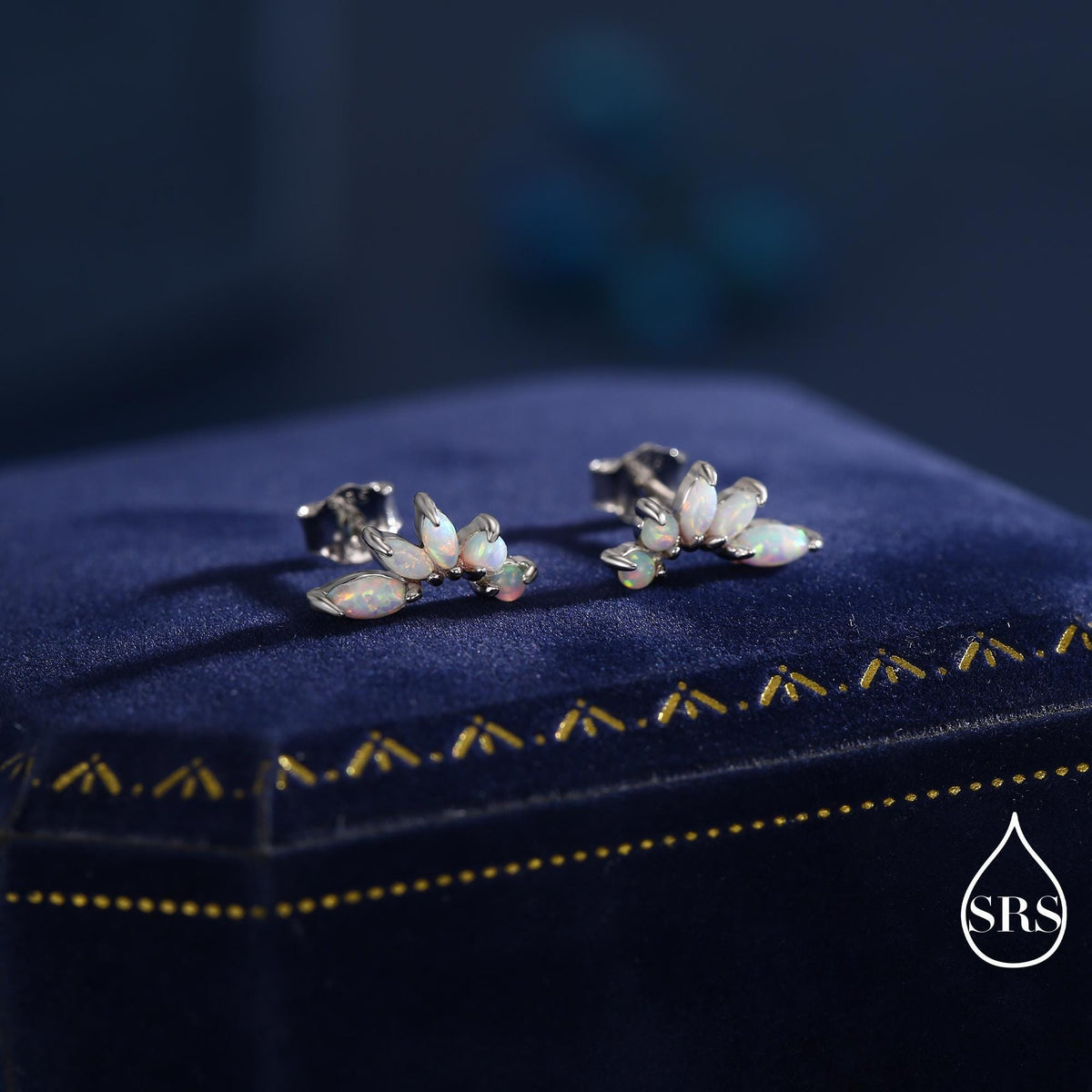 Sterling Silver White Opal Marquise Cluster Stud Earrings, Silver and Gold, Blue Opal Earrings, Lab Opal Mini Crawler Earrings, Minimalist