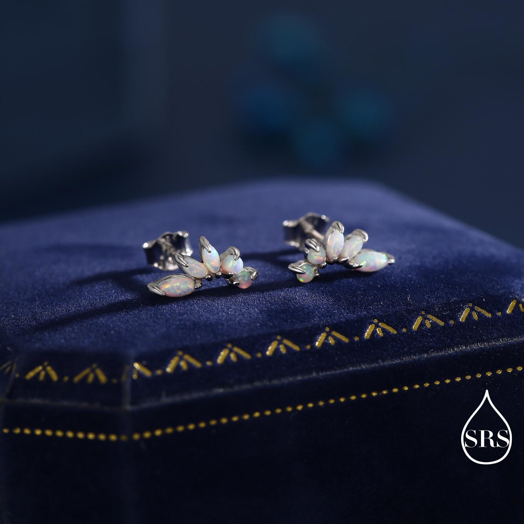 Sterling Silver White Opal Marquise Cluster Stud Earrings, Silver and Gold, Blue Opal Earrings, Lab Opal Mini Crawler Earrings, Minimalist
